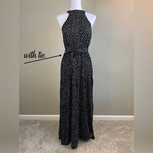 Women's Sleeveless Halter Neck Vintage Floral Print Maxi Dress Black White